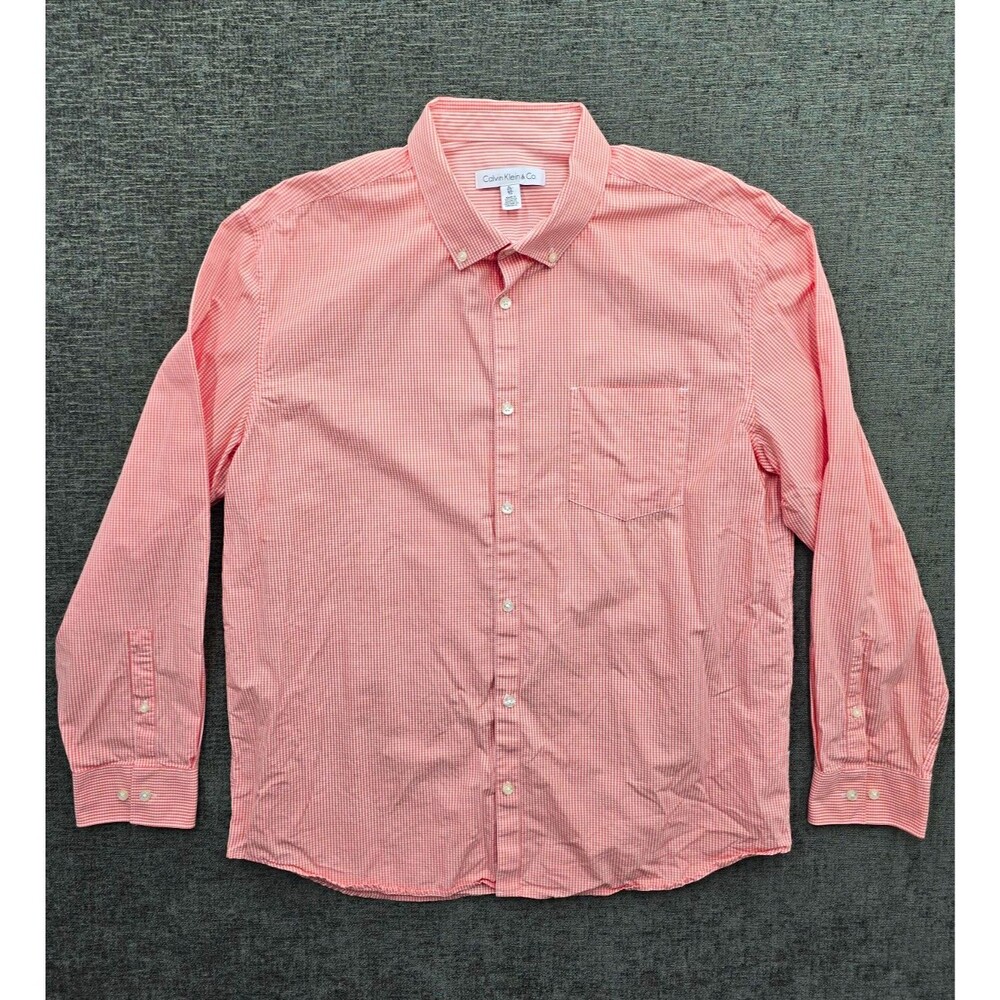 Calvin Klein & Co. Mens XL Orange White Check Long Sleeve Button Up Button-Down